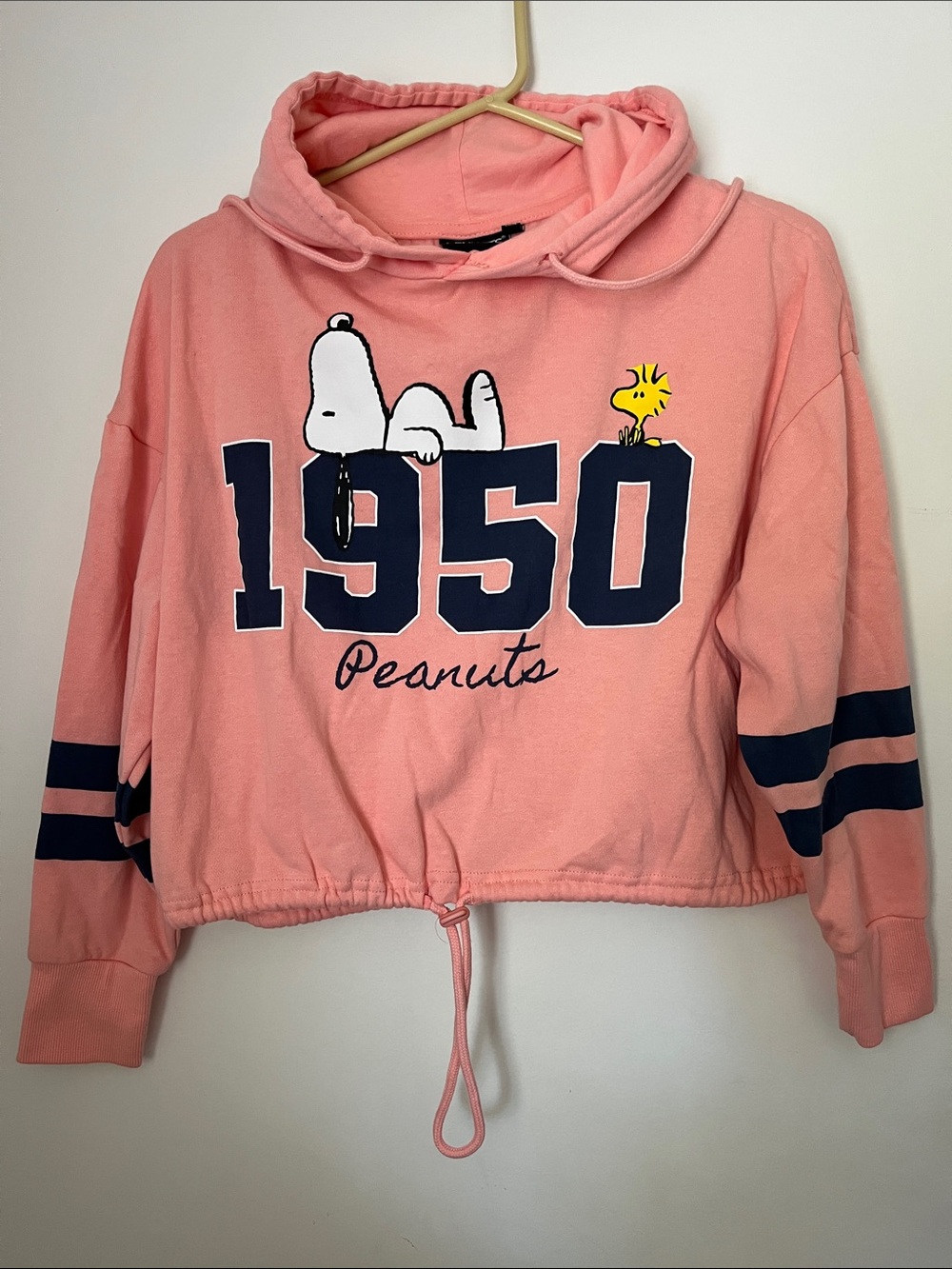Snoopy Woodstock Peanuts Pink Cropped Boxy Hooded Sweatshirt